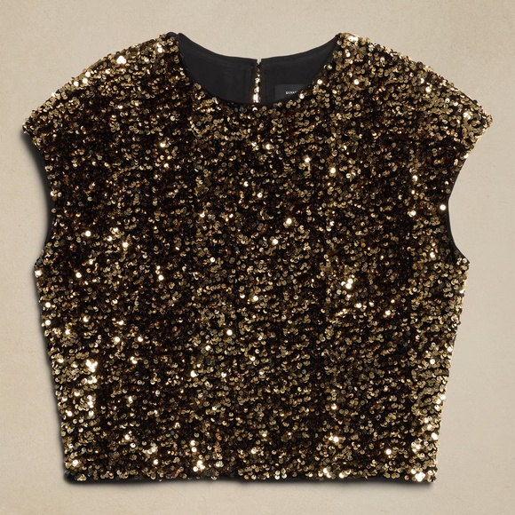 Banana Republic Alina Sequin Top Black and Gold SPECIAL! sz M - Picture 1 of 10